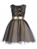 Black Lace Tulle Knee Length Gold Sequin Bow Flower Girl Dress
